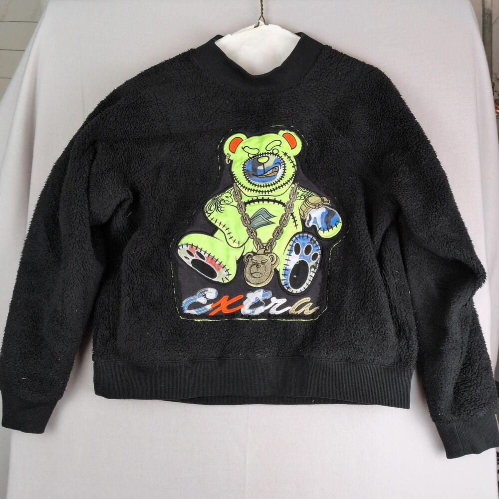 Upcycled Athleta Women's Black Fleece Sweatshirt with Extra bear applique